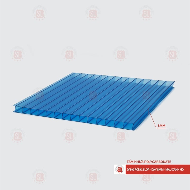 Tấm Polycarbonate rỗng ruột 8mm xanh hồ